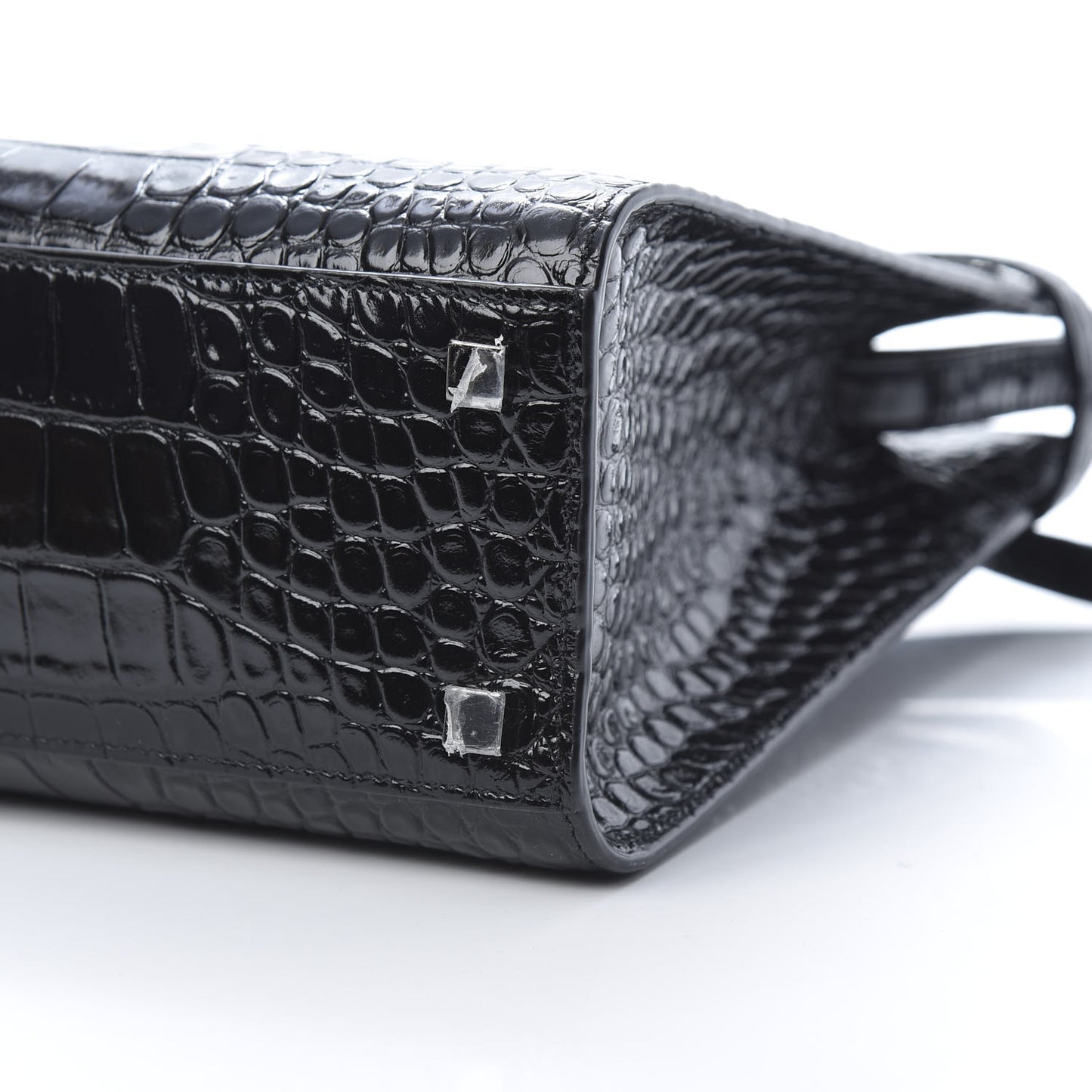 Shiny Calfskin Crocodile Embossed Small Manhattan Shopper Tote Black