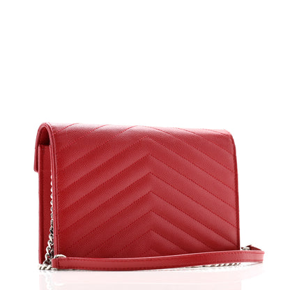 Saint Laurent Grain De Poudre Matelasse Chevron Monogram Envelope Chain Wallet Rouge Eros 3 of 11