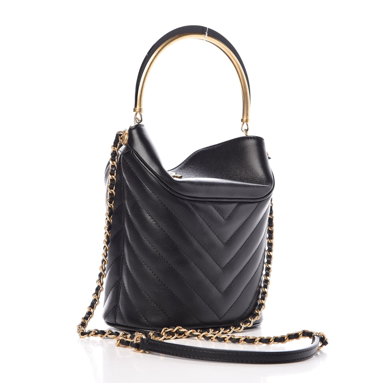 Chanel Lambskin Chevron Quilted Handle With Chic Bucket Bag Black 4 of 8