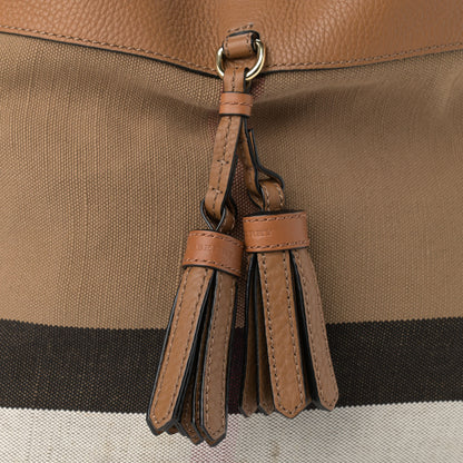 Burberry Grainy Calfskin Canvas Mega Check Medium Ashby Tassel Hobo Saddle Brown 10 of 16
