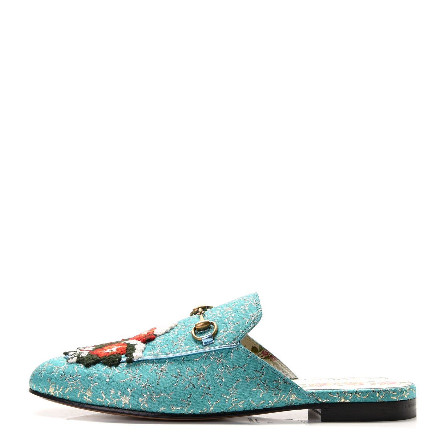 Lurex Jacquard Nappa Floral Embroidered Womens Princetown Slippers 41 Light Blue Gold Cielo