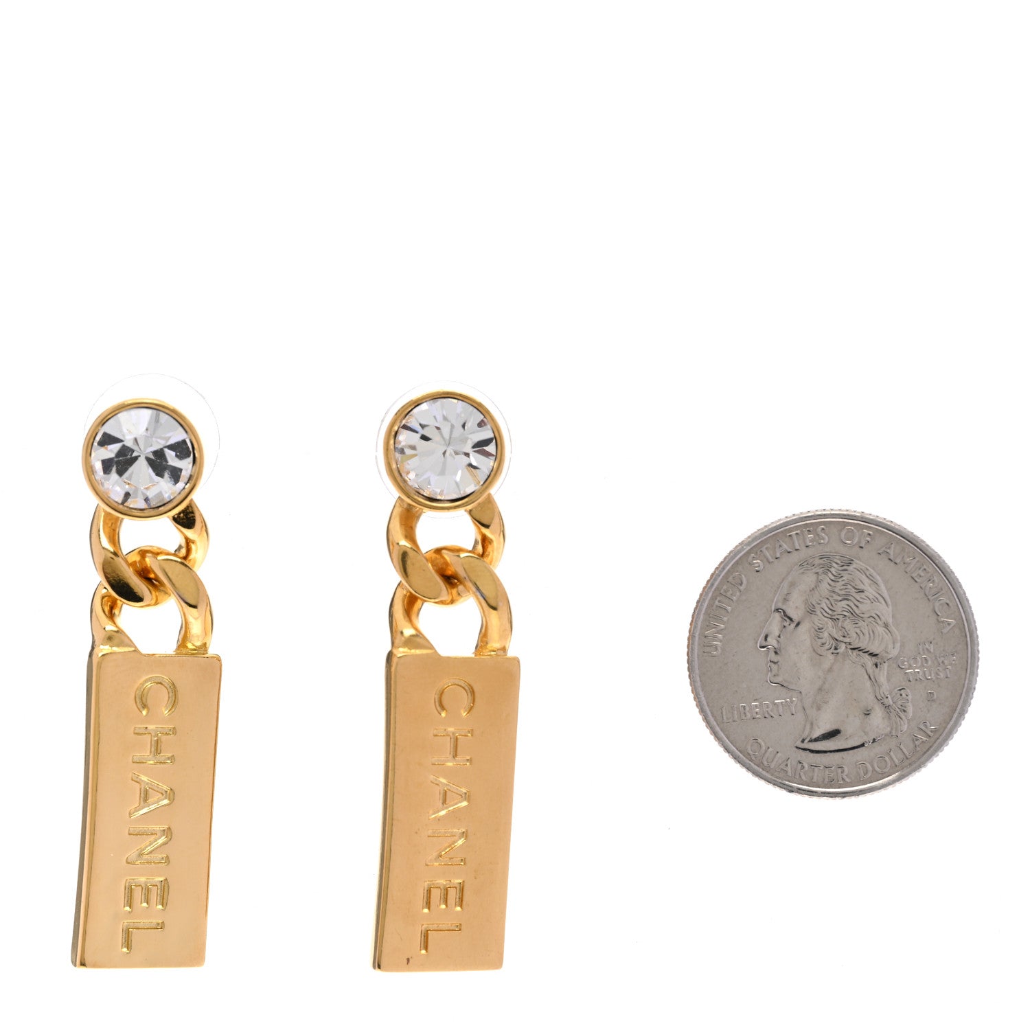 Chanel Crystal Tag Drop Earrings Gold 2 of 5
