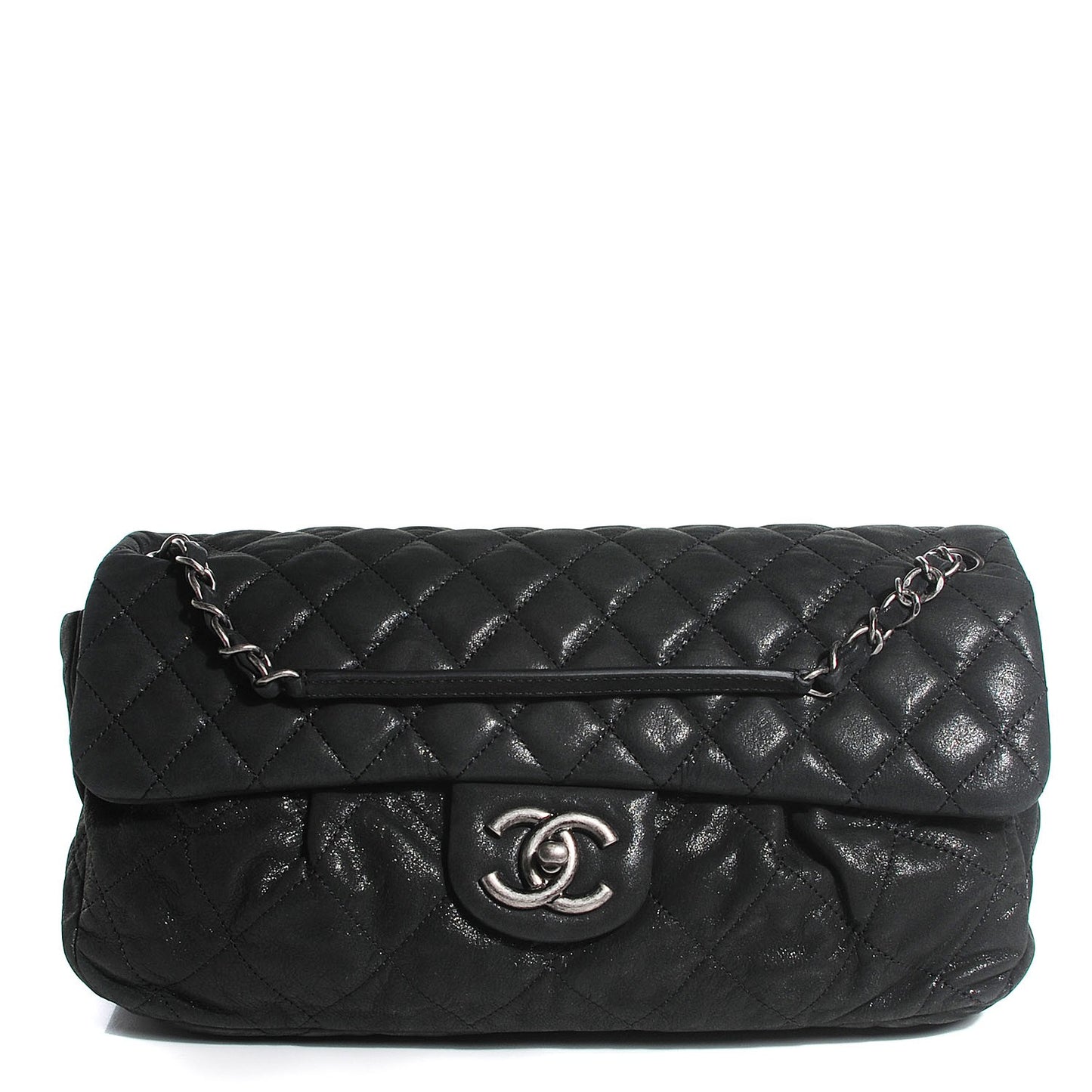 Iridescent Calfskin Large Chic Quilt Flap Black