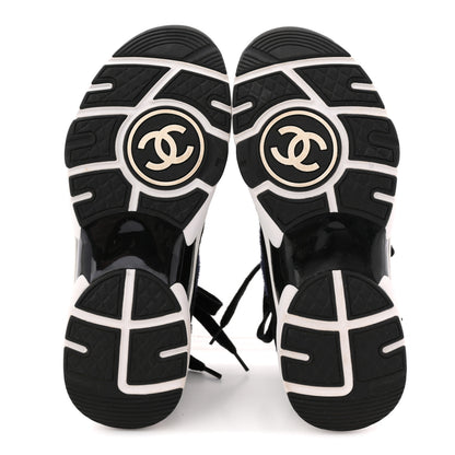 Chanel Knit Fabric Suede Calfskin Womens CC Sneakers 36 Navy Black 6 of 8