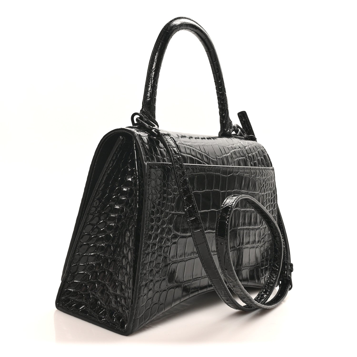 Balenciaga Shiny Calfskin Monochrome Crocodile Embossed Medium Hourglass Top Handle Bag Black 3 of 9