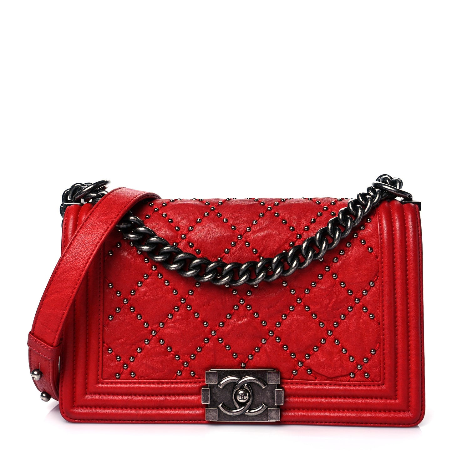 Crumpled Lambskin Small Studded Boy Flap Red