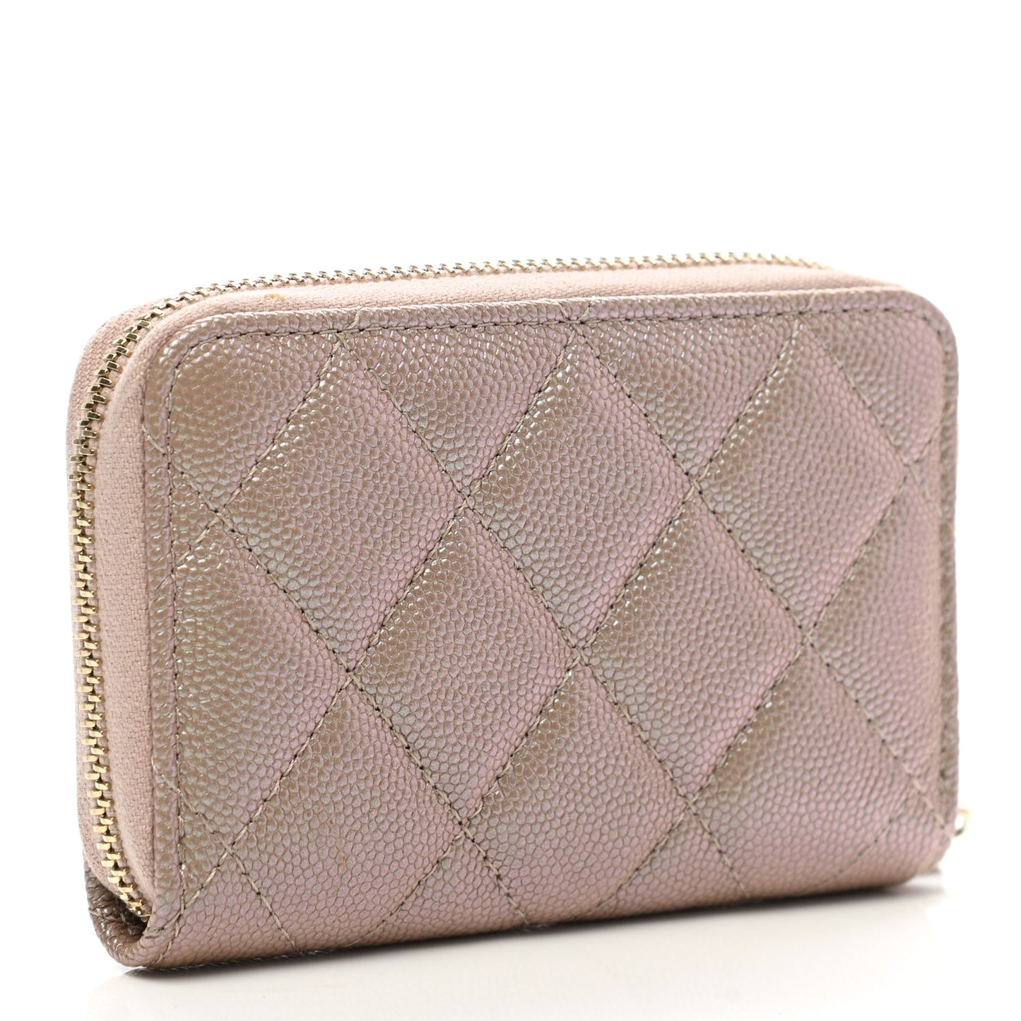 Iridescent Caviar Quilted Zip Coin Purse Beige