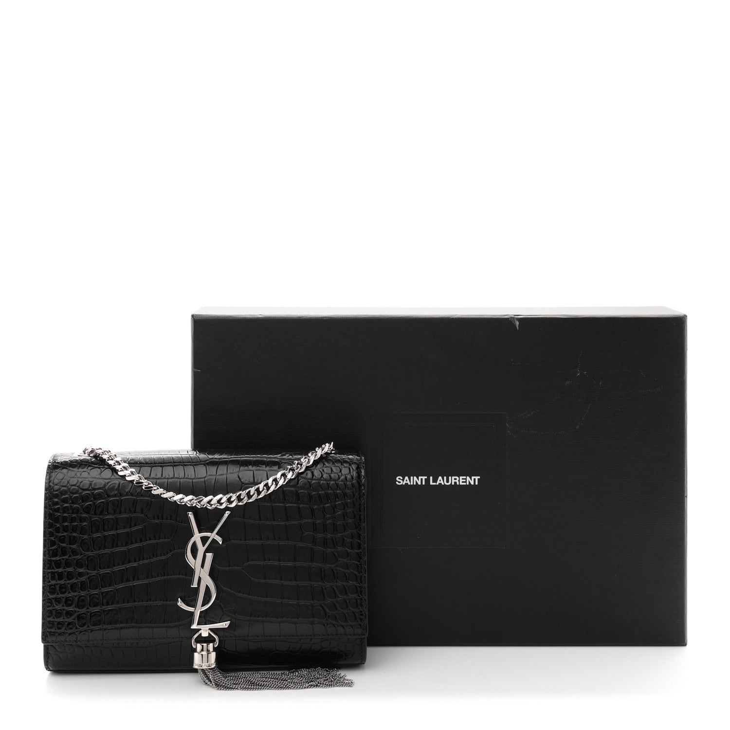 Saint Laurent Calfskin Crocodile Embossed Small Classic Monogram Kate Tassel Satchel Black 11 of 11