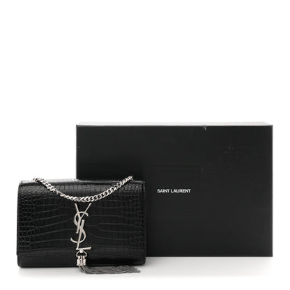 Saint Laurent Calfskin Crocodile Embossed Small Classic Monogram Kate Tassel Satchel Black 11 of 11