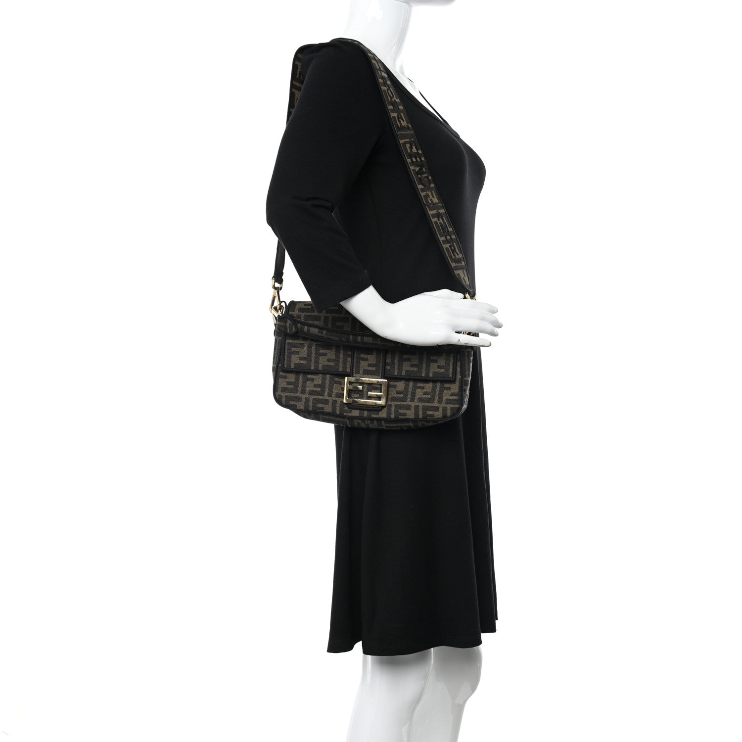 Fendi Fabric Jacquard FF 1974 Medium Baguette Tobacco Moro Black 2 of 9