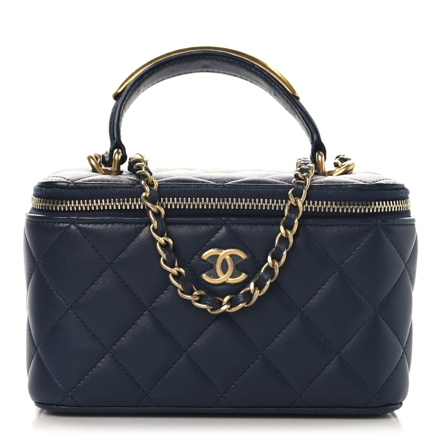 Lambskin Quilted Metal Small Top Handle Vanity Case With Chain Blue