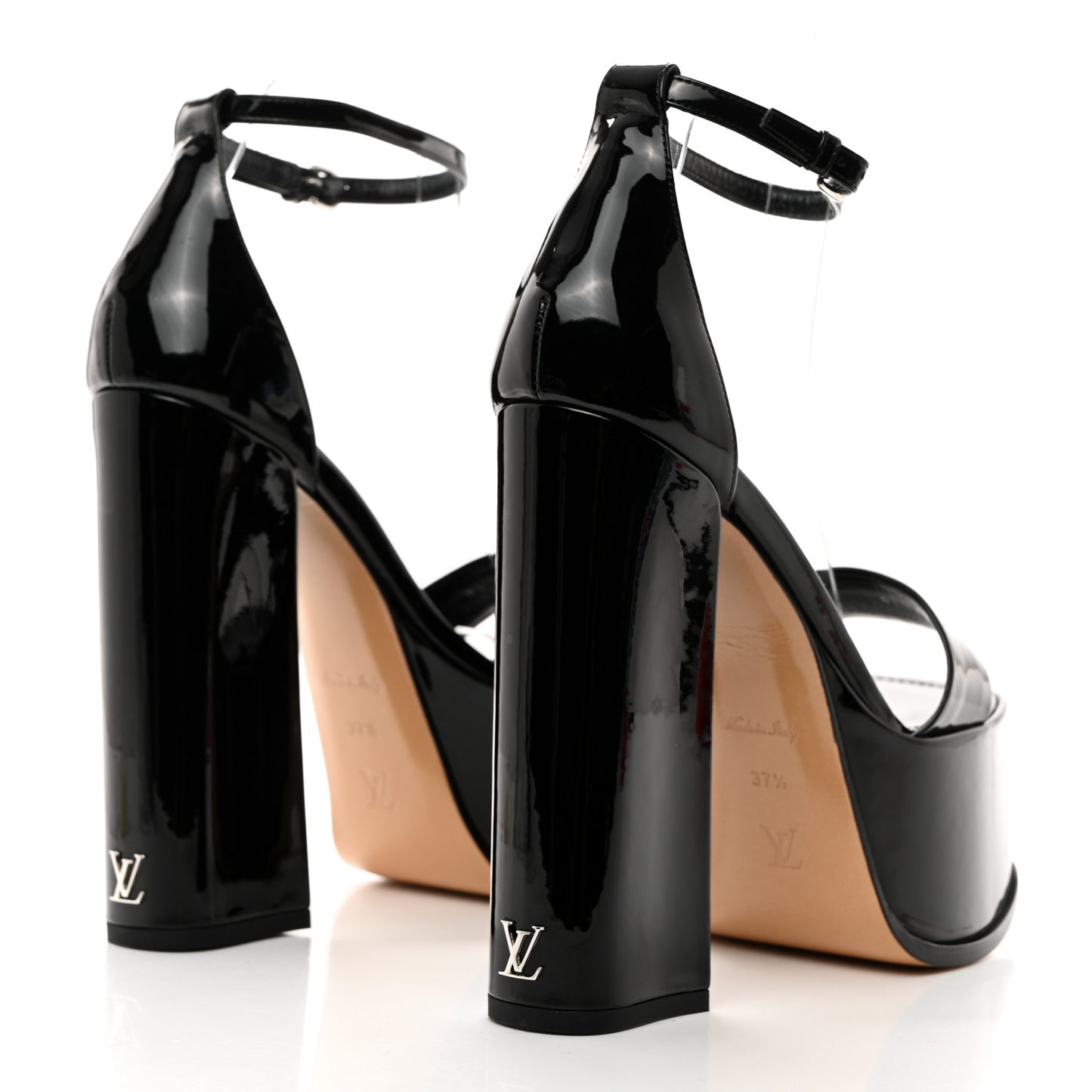 LOUIS VUITTON Patent Calfskin Fame Platform Sandal 37.5 Black