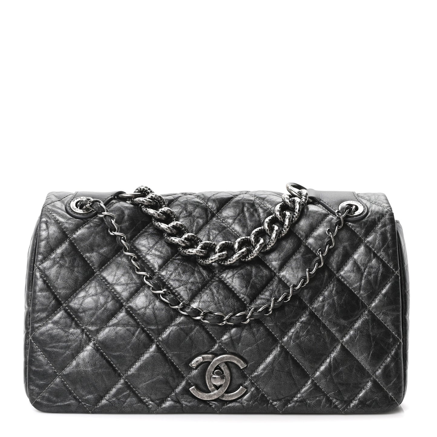 Aged Calfskin Quilted Medium Pondichery Flap Dark Grey
