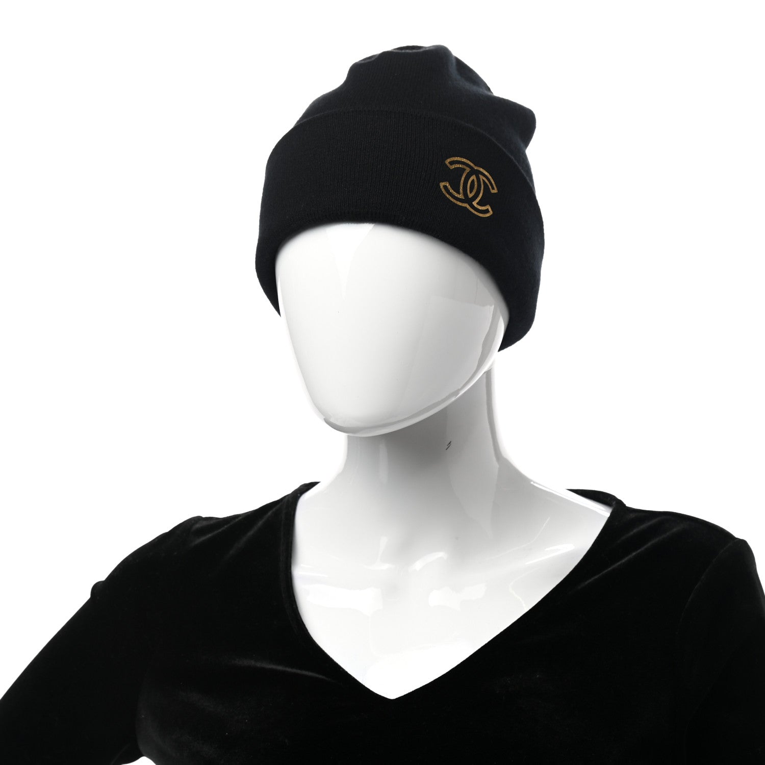Chanel Cashmere CC Beanie Hat Black Gold 2 of 5