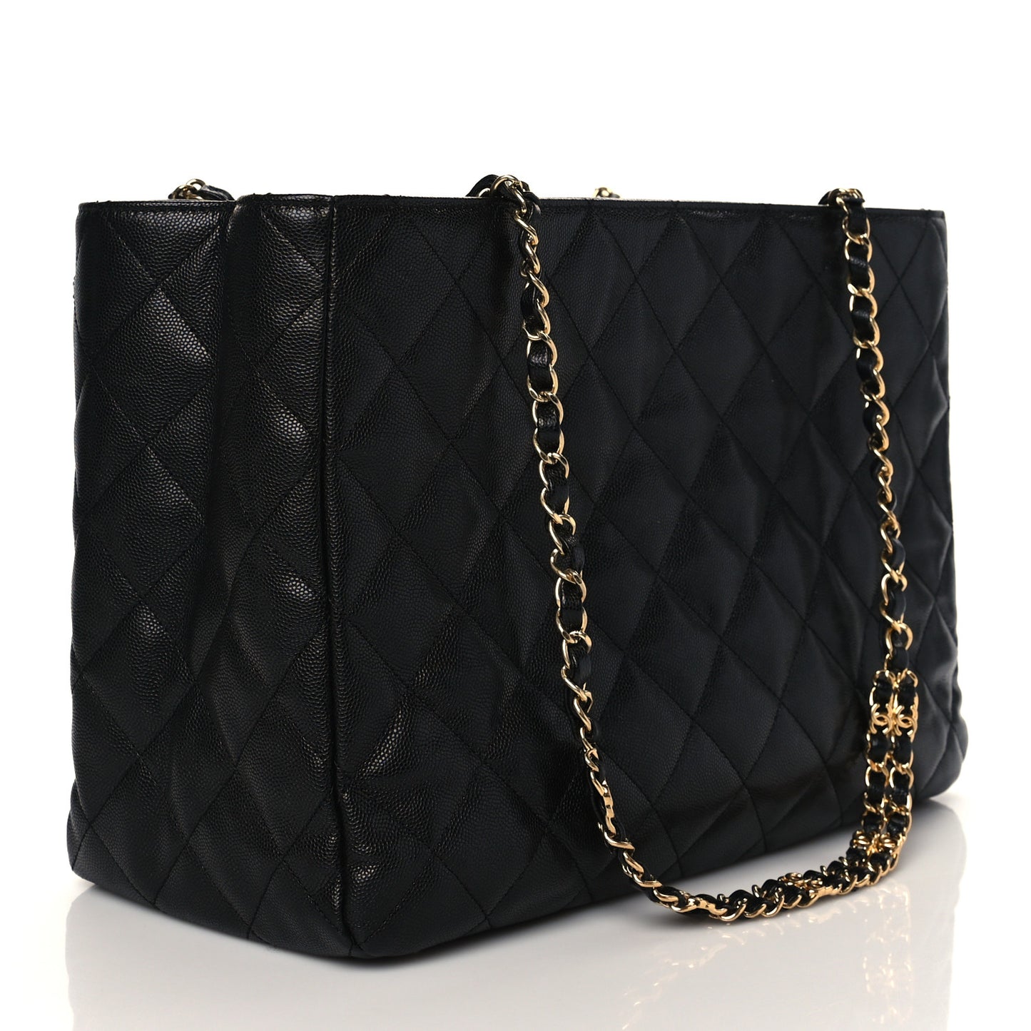 Caviar Quilted Chain Shopping Tote Black
