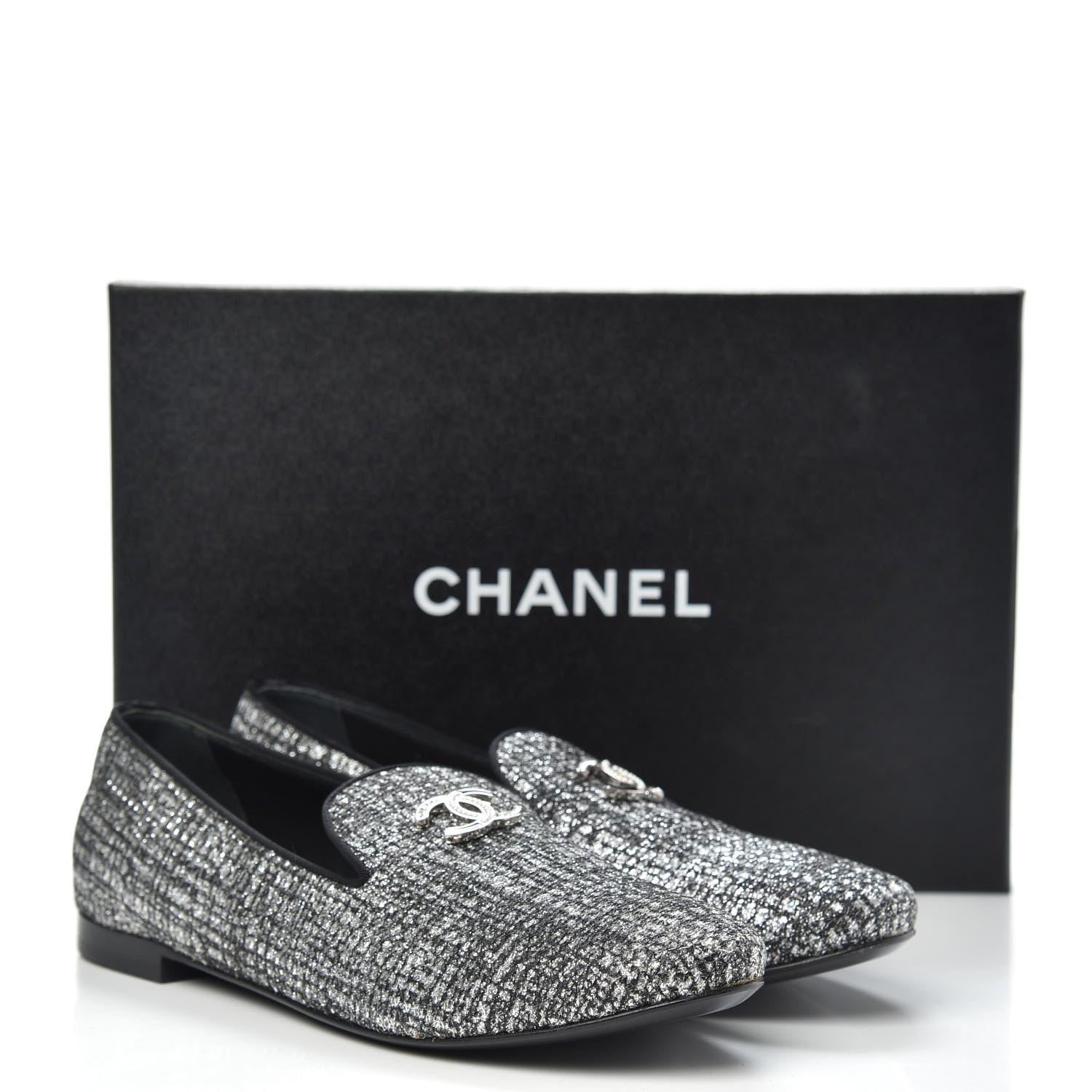 Chanel Fantasy Fabric Grosgrain CC Mocassin Loafers 39 Silver Black 9 of 9