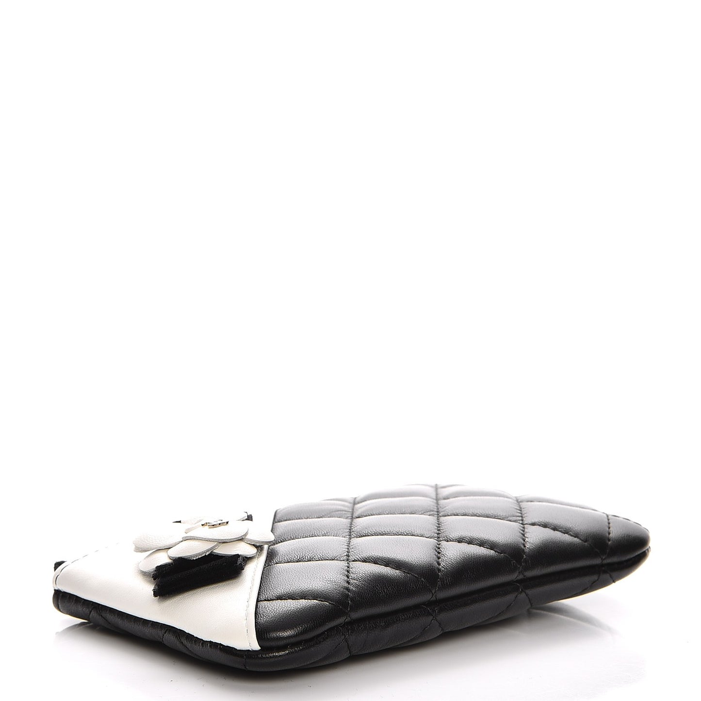 Lambskin Quilted Small Camellia Cosmetic Pouch Black White