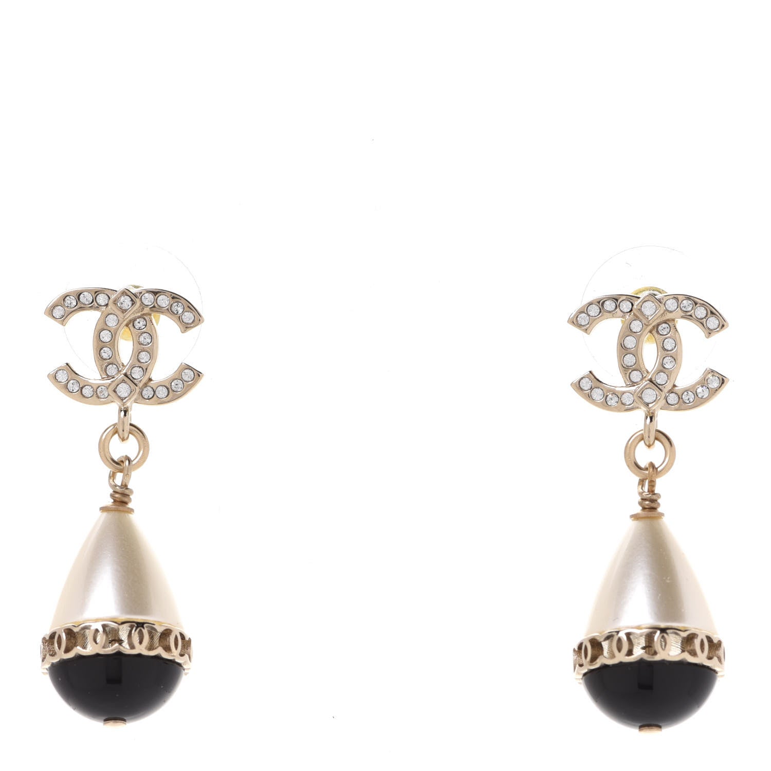 Chanel Crystal Pearl CC Fantasy Drop Earrings Gold Black 1 of 5