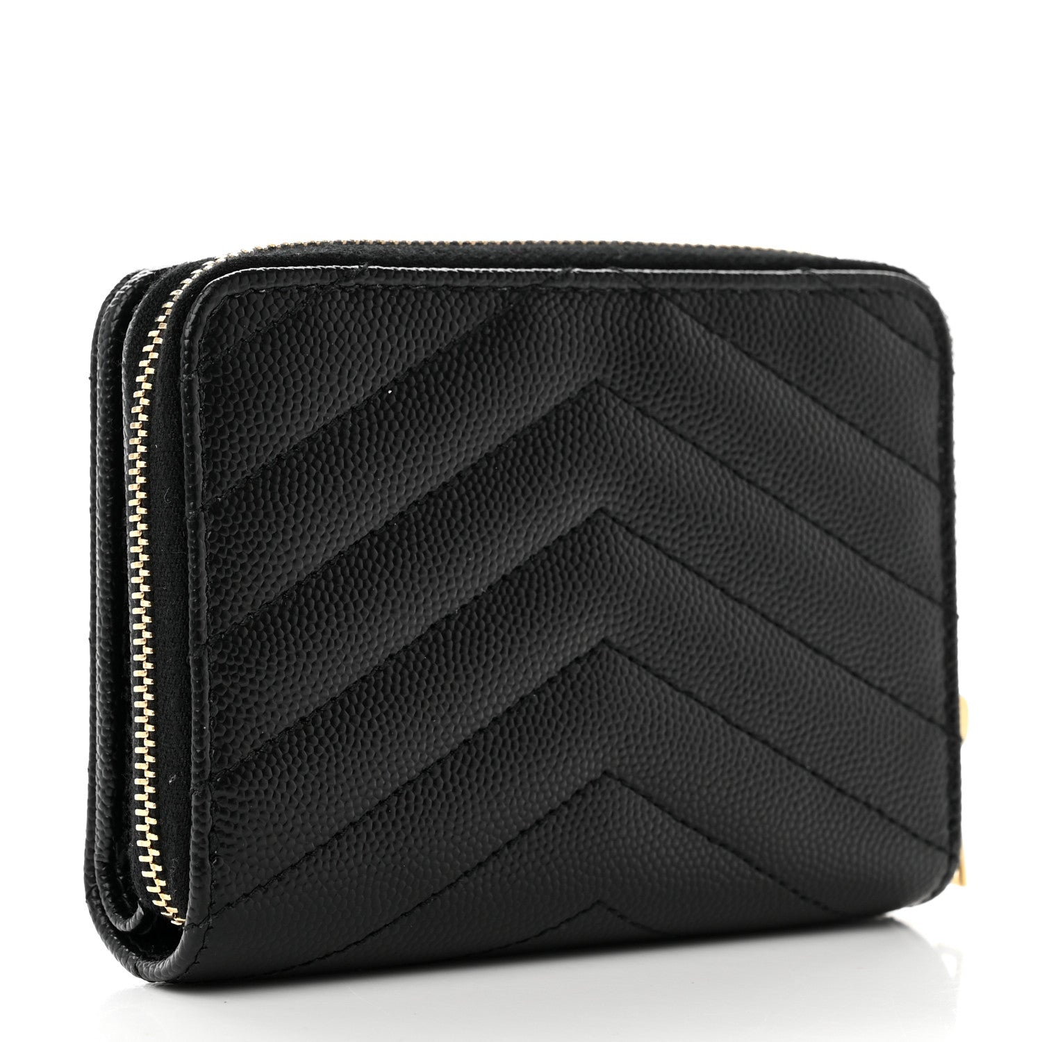 Saint Laurent Grain De Poudre Matelasse Chevron Monogram Compact Zip Around Wallet Black 3 of 7