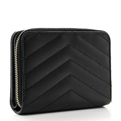 Saint Laurent Grain De Poudre Matelasse Chevron Monogram Compact Zip Around Wallet Black 3 of 7