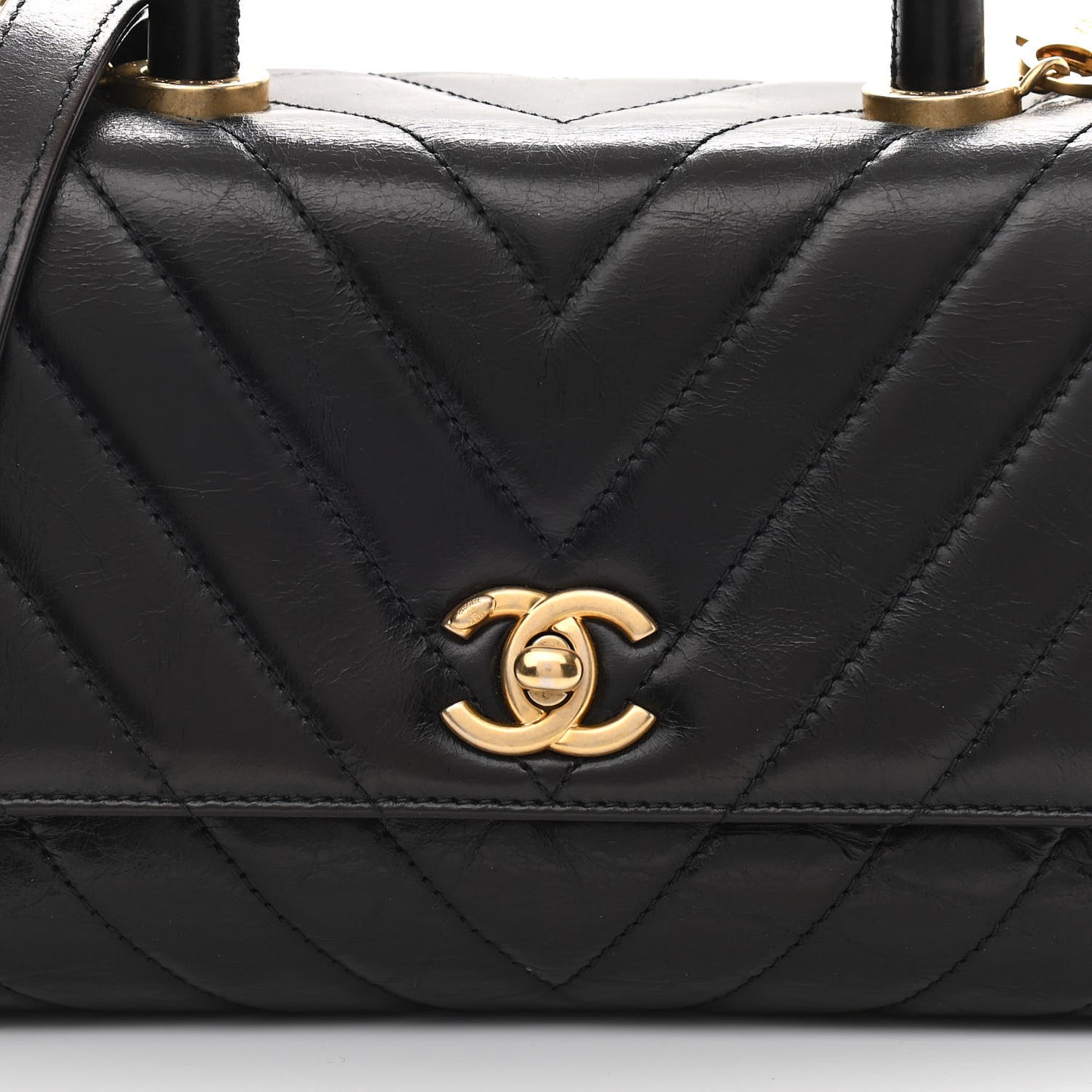 Aged Calfskin Chevron Quilted Mini Coco Handle Flap Black