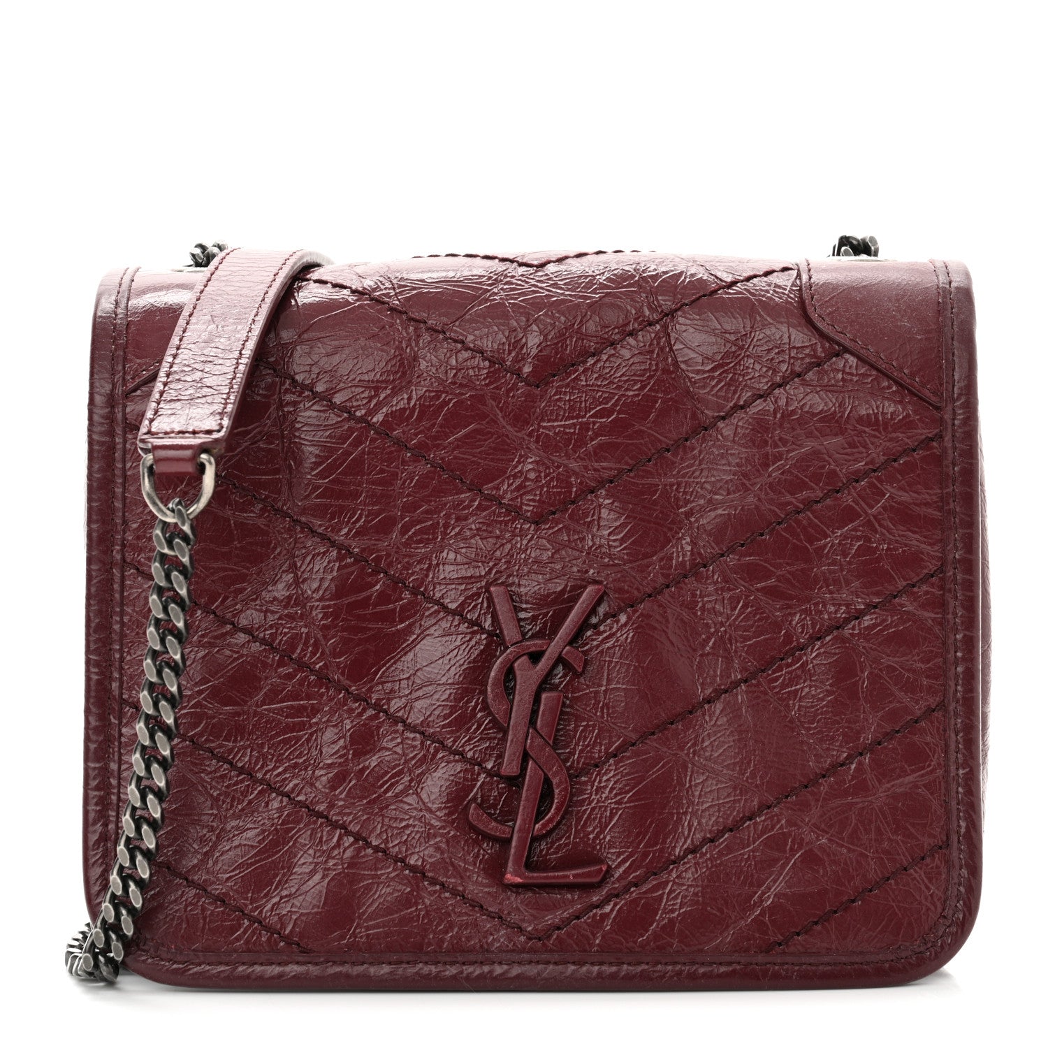 Saint Laurent Crinkled Calfskin Matelasse Monogram Niki Chain Wallet Dark Legion Red 1 of 10