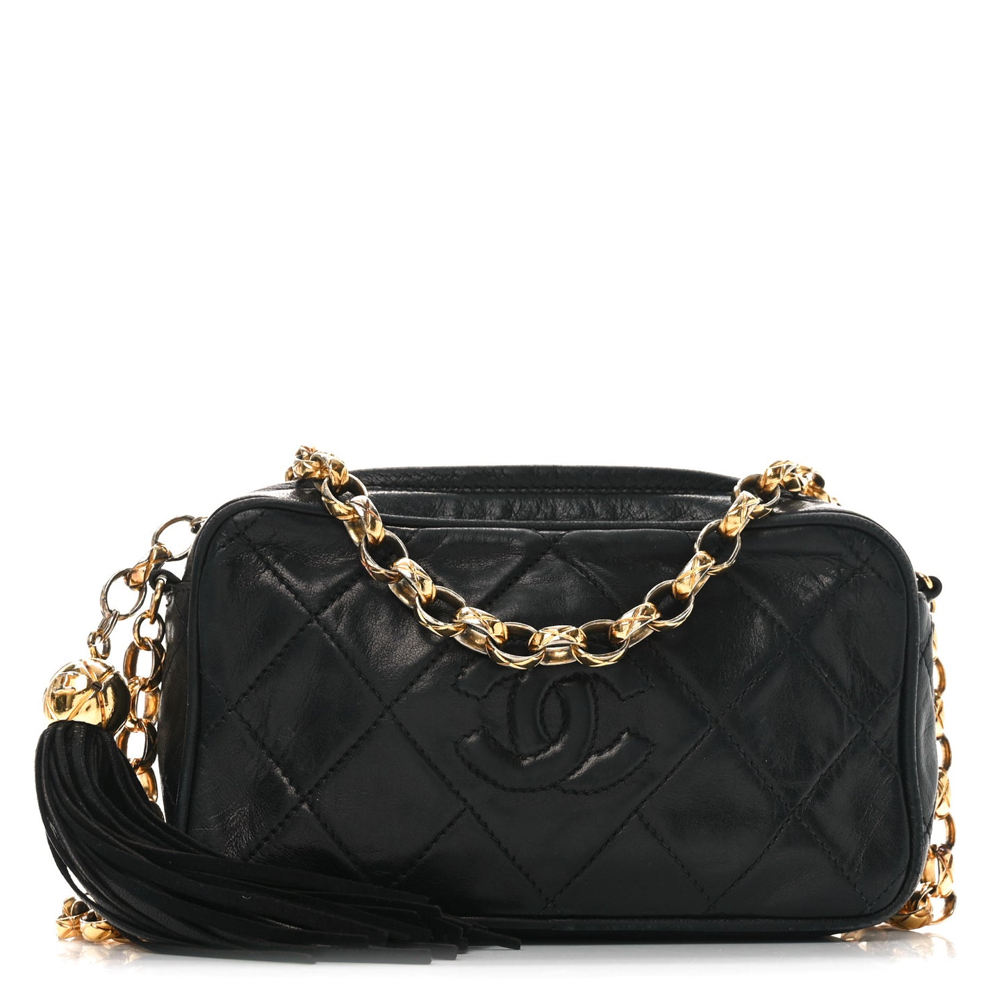 Lambskin Quilted Tassel Camera Case Black