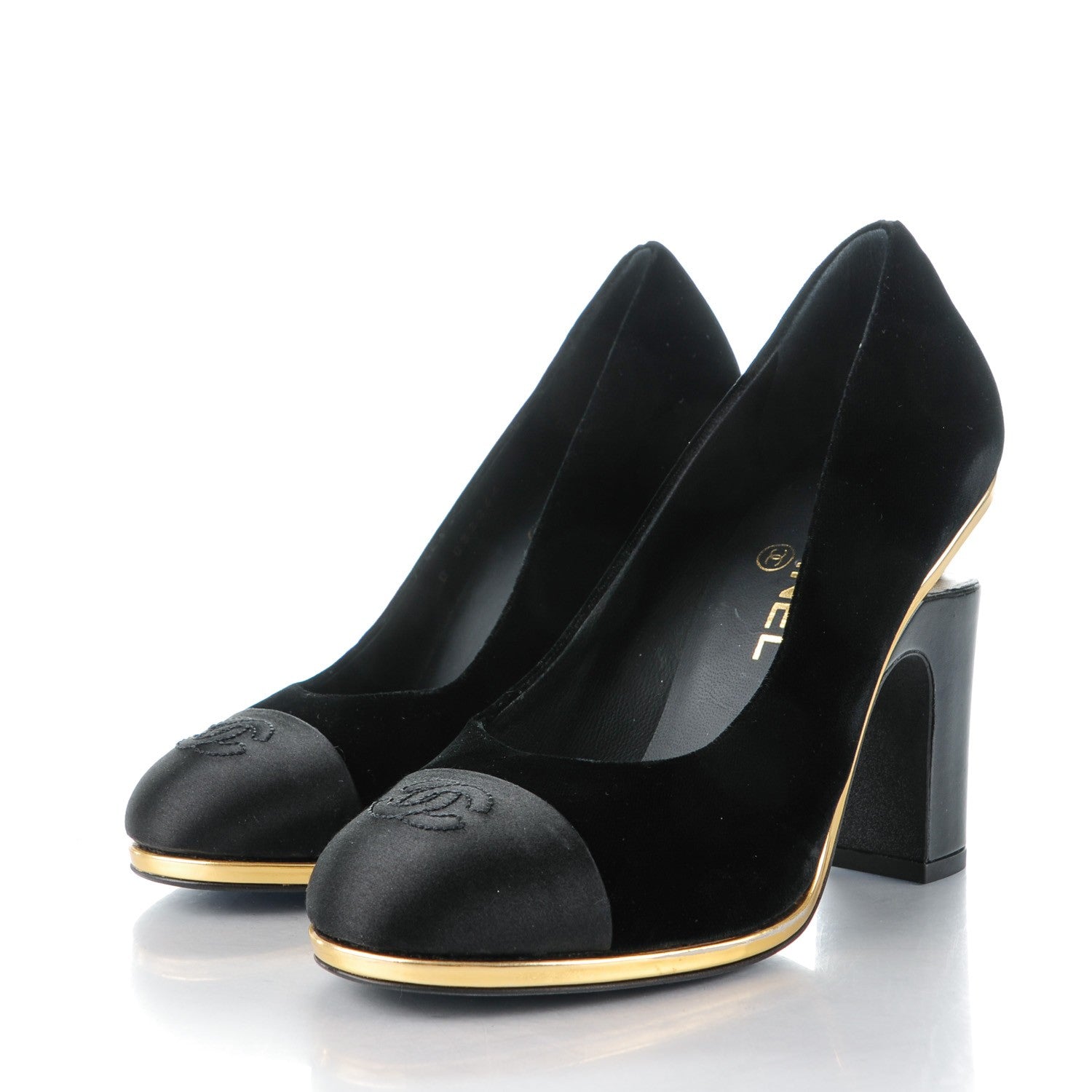 Chanel Velvet Satin Cap Toe Pearl Pumps 37 Black 3 of 8