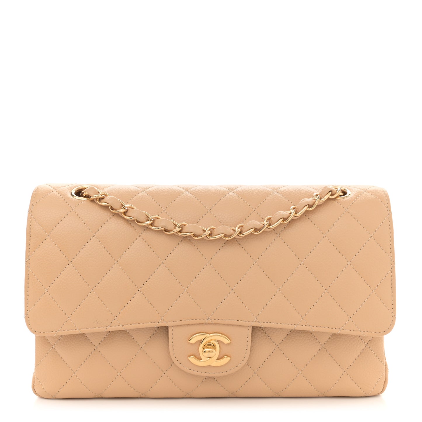 Caviar Quilted Medium Double Flap Beige