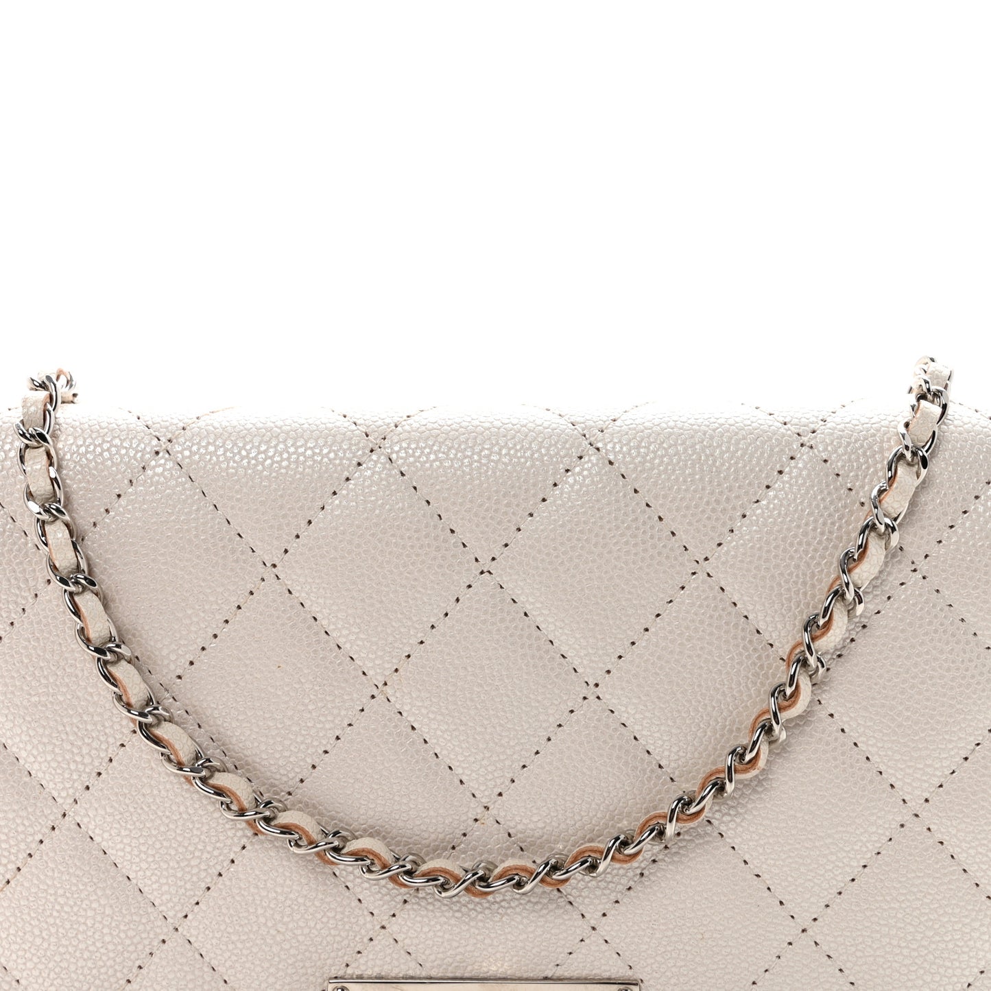 Iridescent Caviar Quilted Golden Class Wallet On Chain WOC White