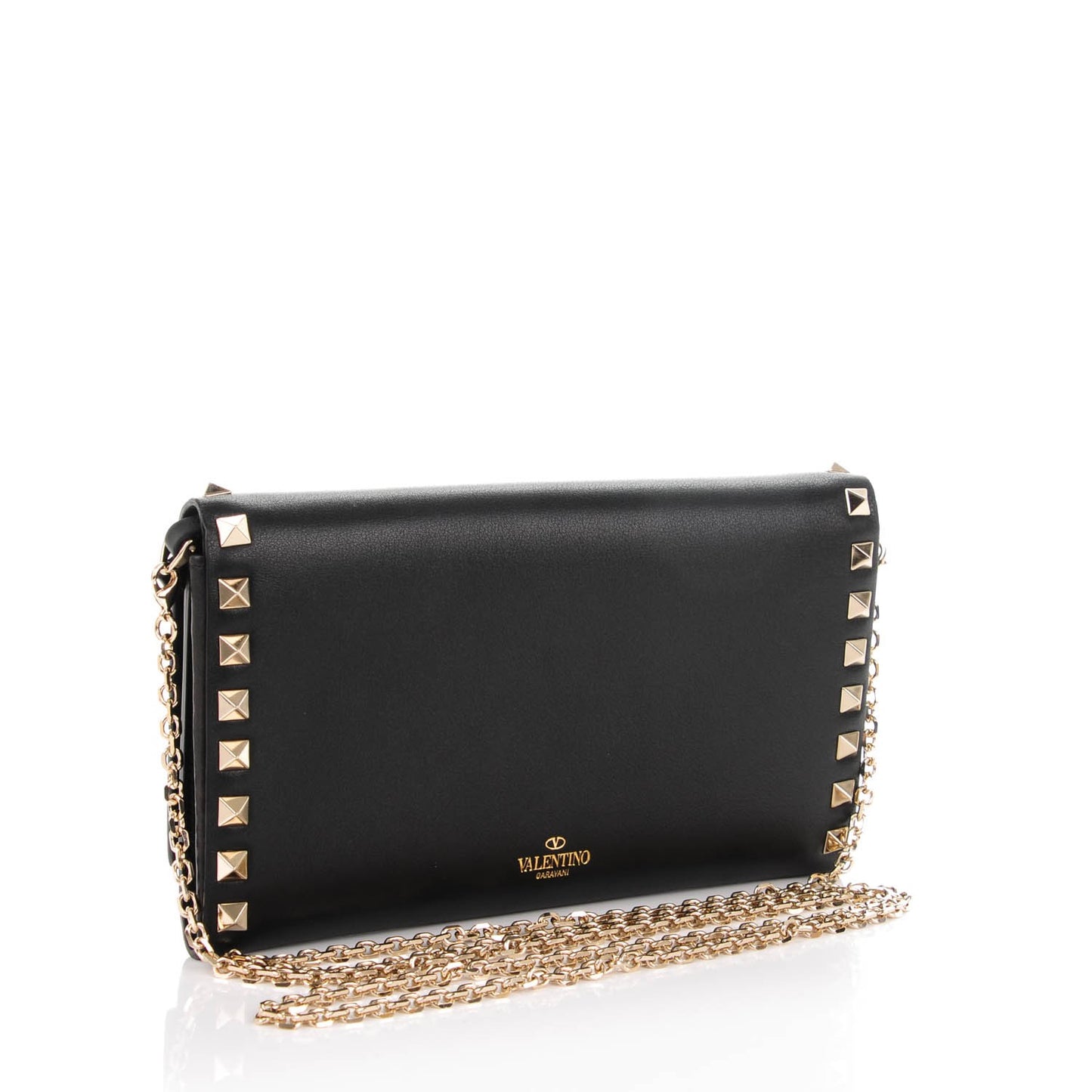 Vitello Small Rockstud Flap Wallet on Chain Black
