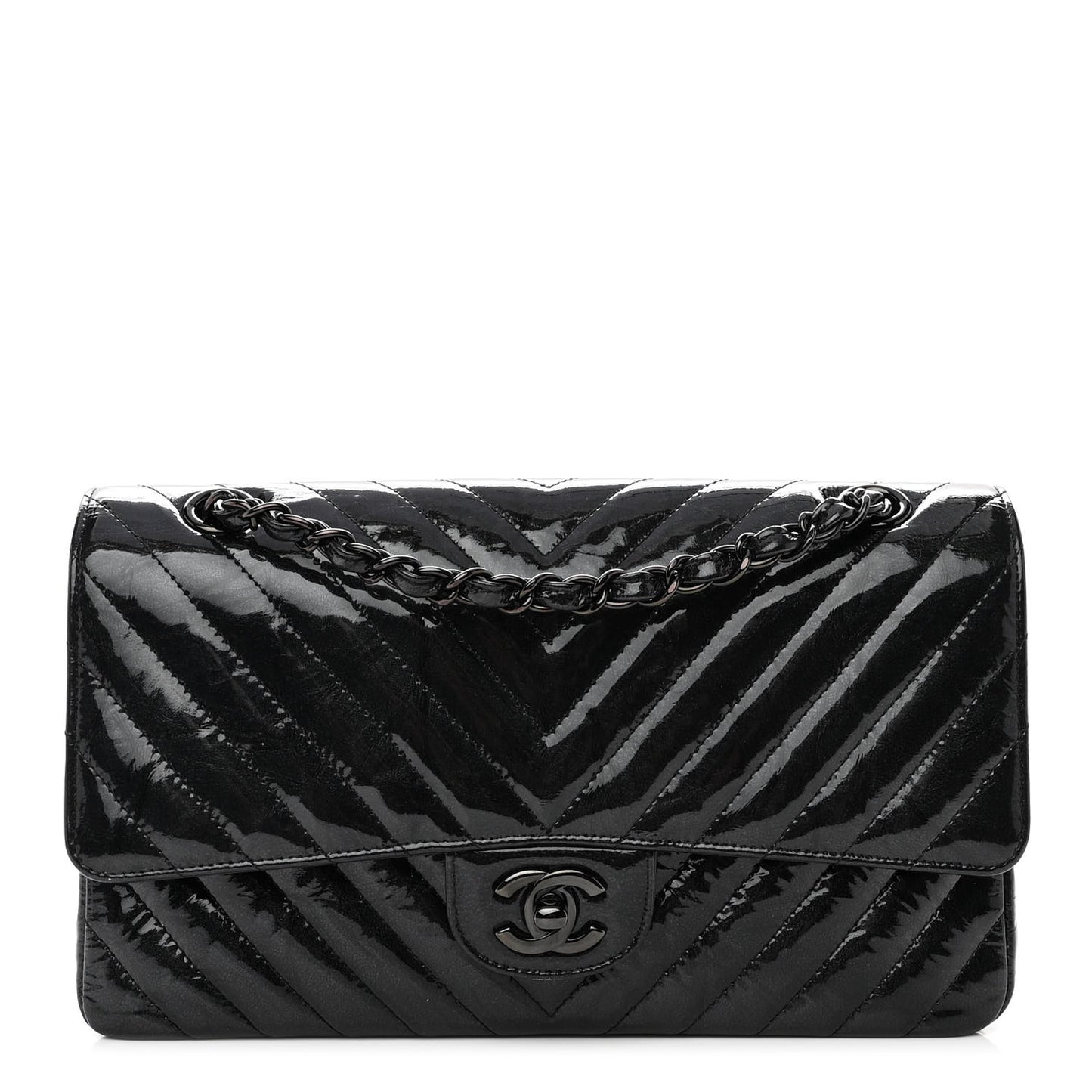 Metallic Patent Crumpled Calfskin Chevron Quilted Medium Double Flap So Black