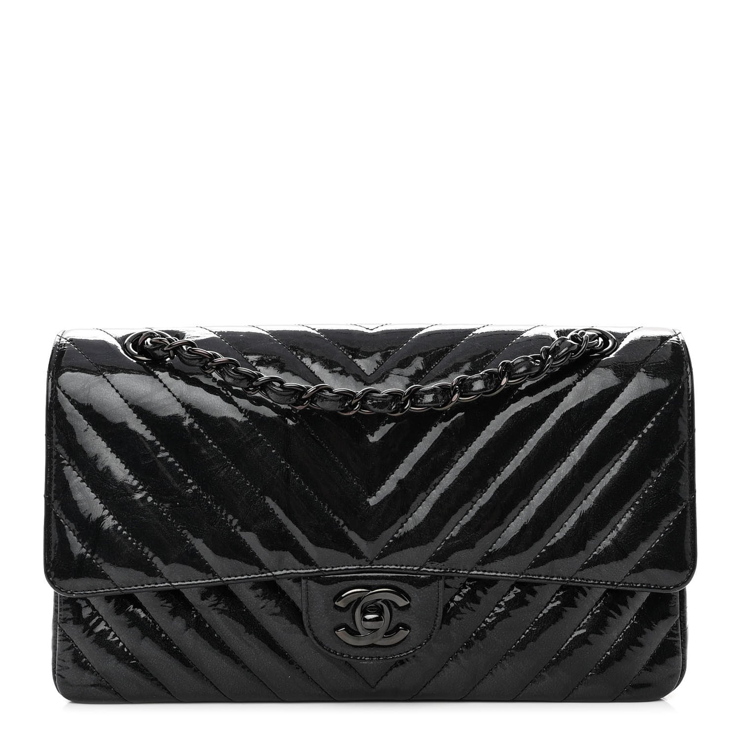 Chanel Metallic Patent Crumpled Calfskin Chevron Quilted Medium Double Flap So Black 1 of 10