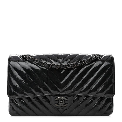 Chanel Metallic Patent Crumpled Calfskin Chevron Quilted Medium Double Flap So Black 1 of 10