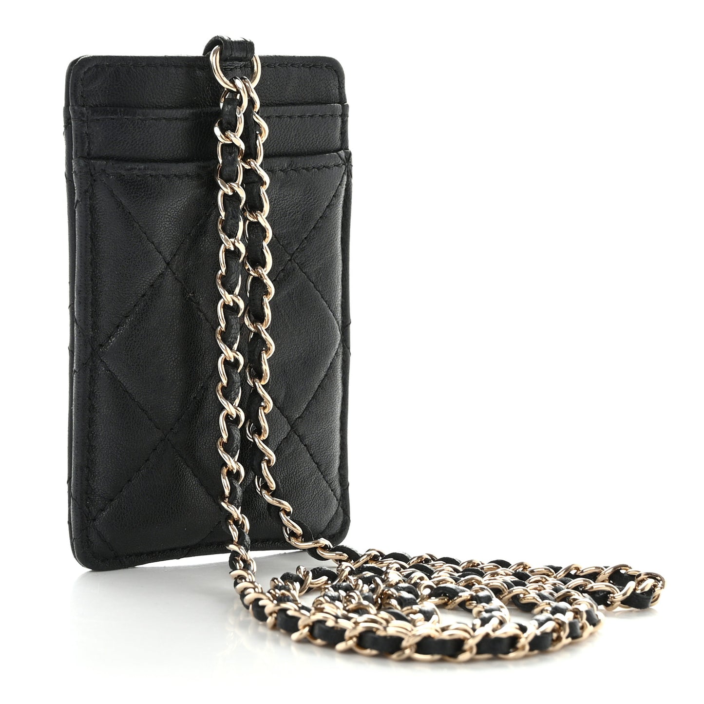 Lambskin Quilted Glitter Card Holder On Chain Black