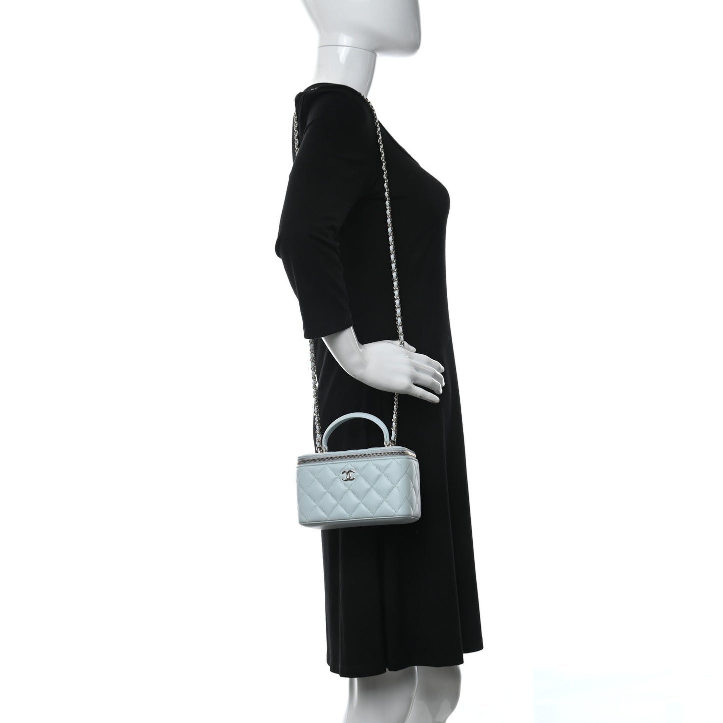 Lambskin Quilted Small Top Handle Vanity Case With Chain Light Blue