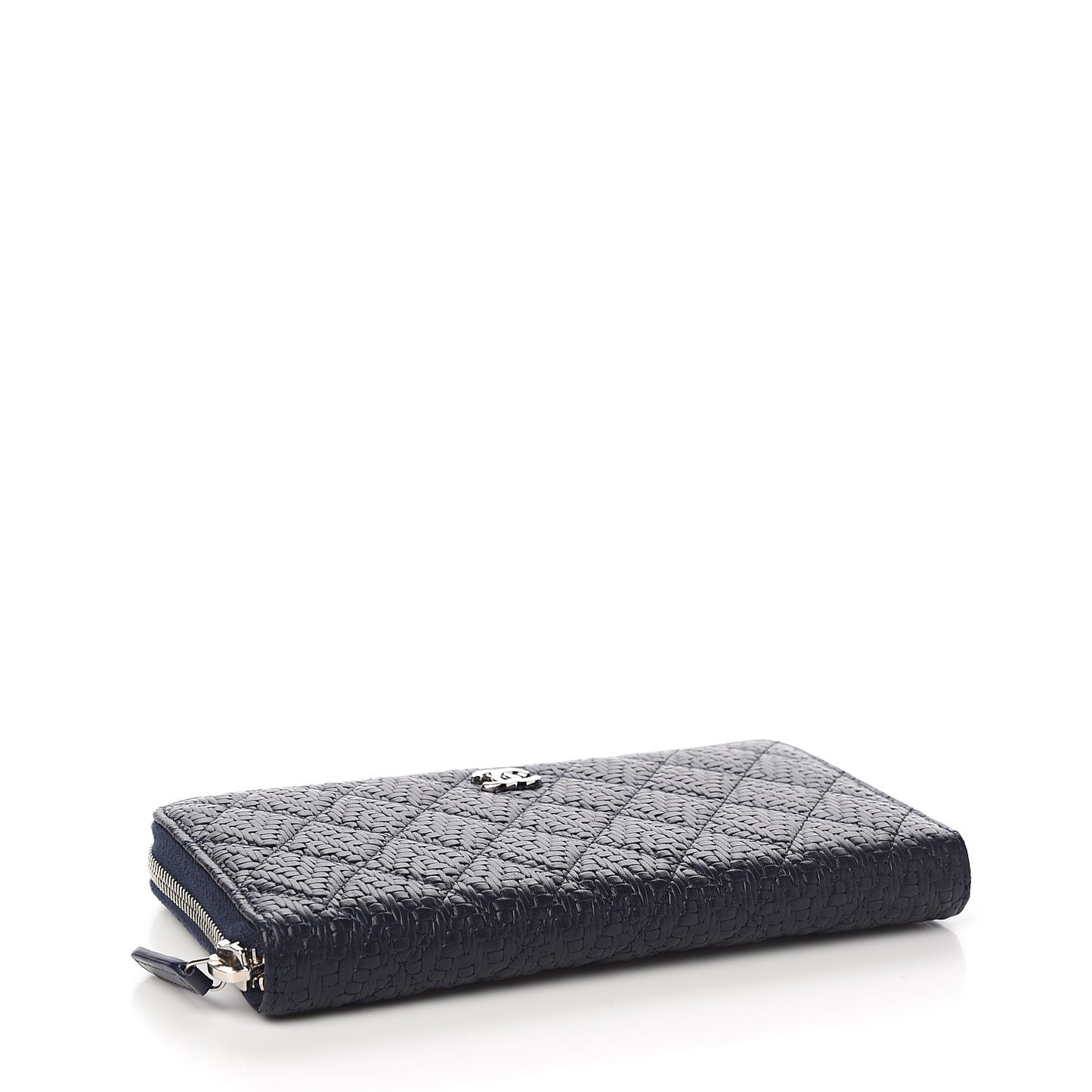 Woven Lambskin Quilted Large Zip Around Wallet Navy