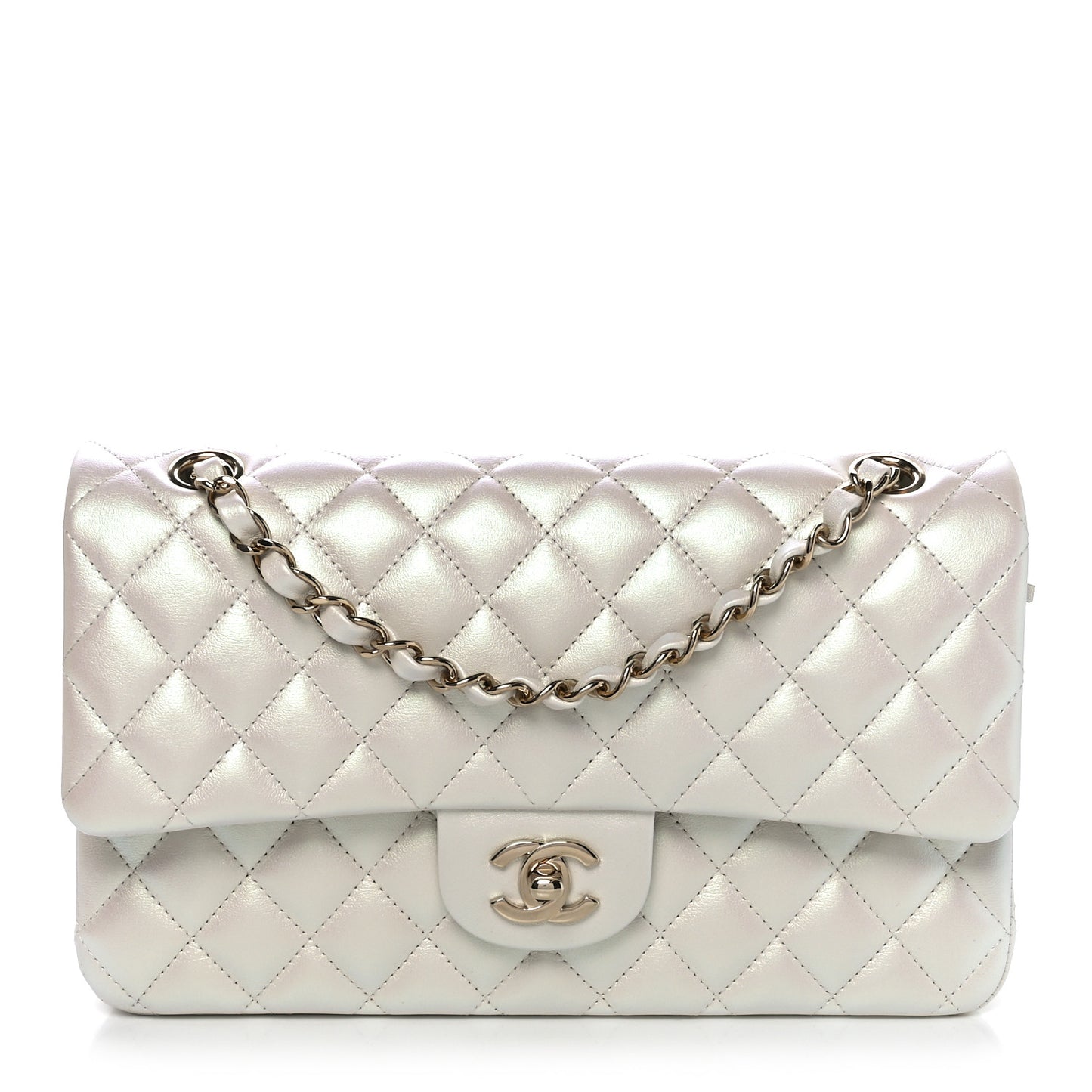 Iridescent Calfskin Quilted Medium Double Flap White