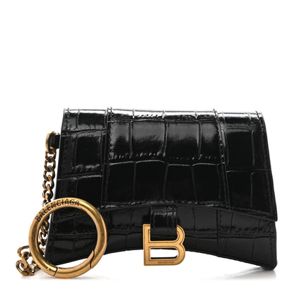 Balenciaga Shiny Calfskin Crocodile Embossed Hourglass Chain Cardholder Black 1 of 8