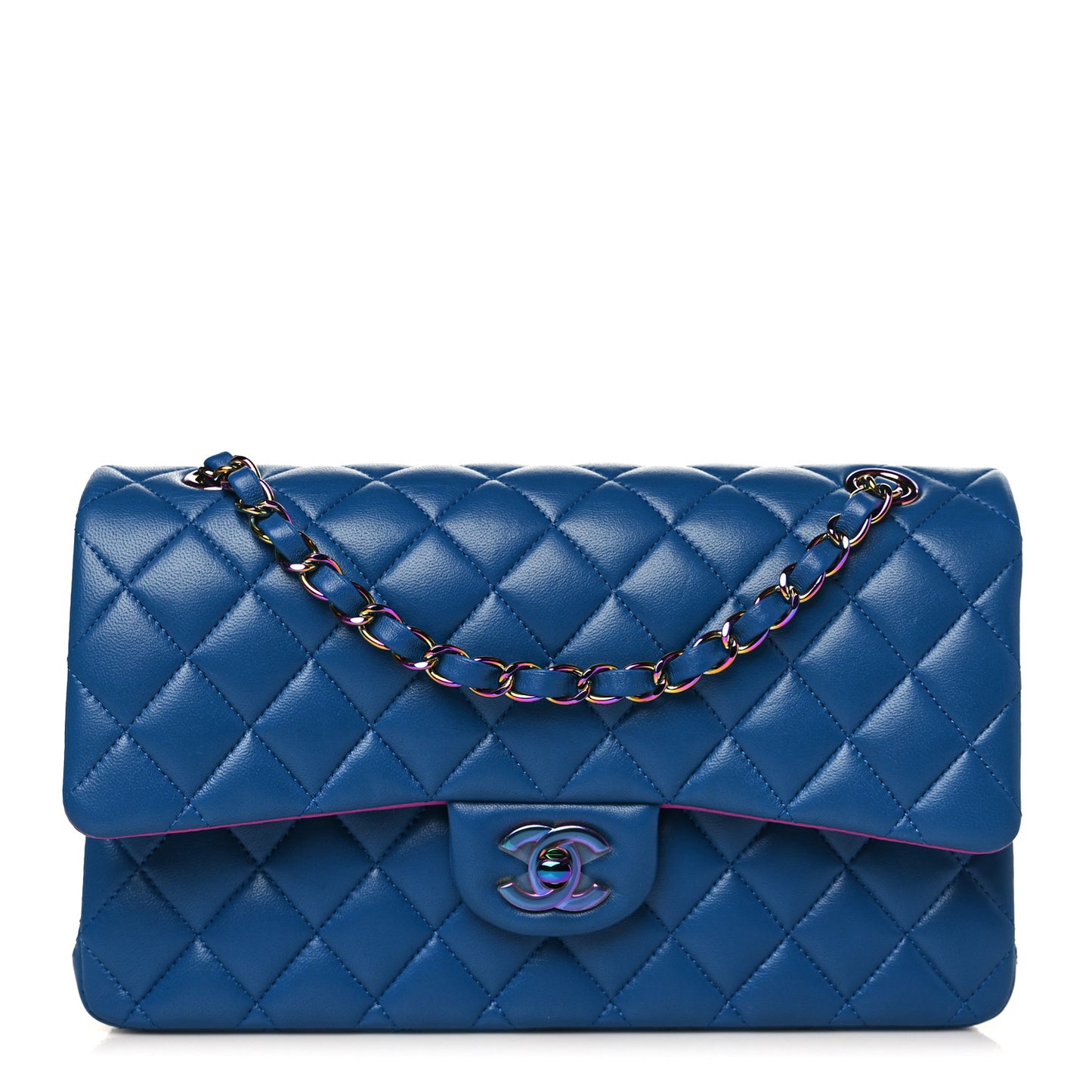 Lambskin Quilted Medium Double Flap Blue Pink