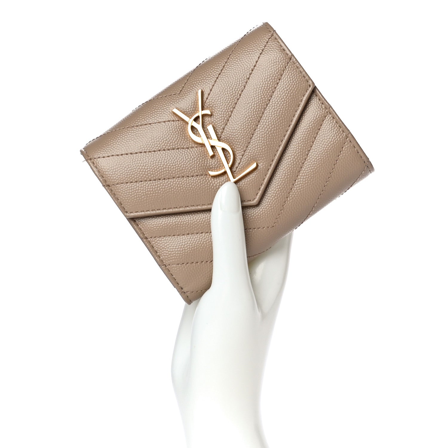 Saint Laurent Grain De Poudre Matelasse Chevron Monogram Compact Tri Fold Wallet Dark Beige 2 of 13