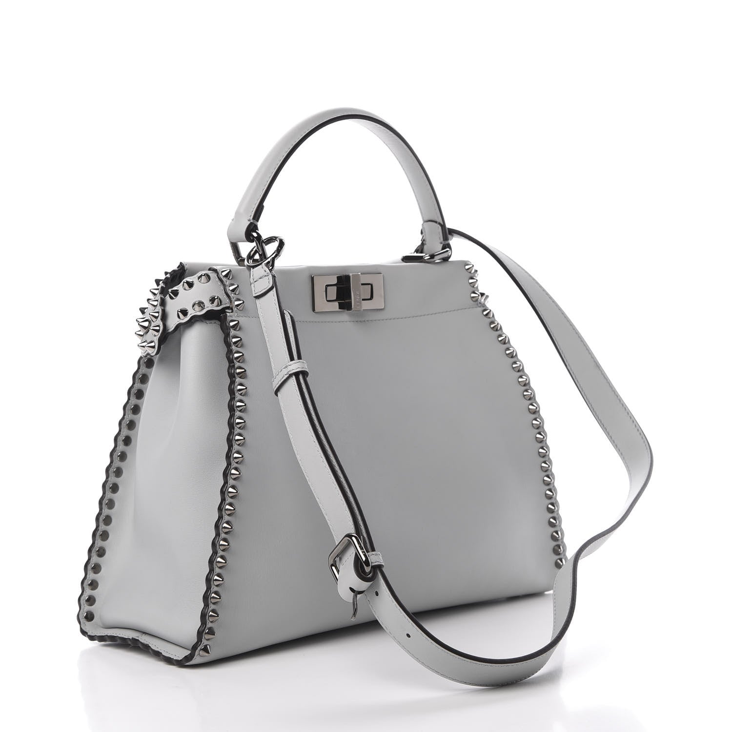 Fendi Vitello Seta Shiny Nappa Scalloped Studded Medium Peekaboo Iconic Satchel Grigio Perla 4 of 13