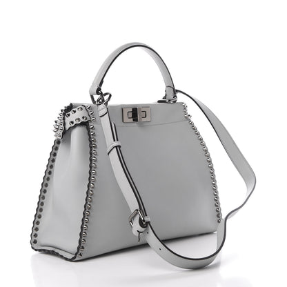 Fendi Vitello Seta Shiny Nappa Scalloped Studded Medium Peekaboo Iconic Satchel Grigio Perla 4 of 13