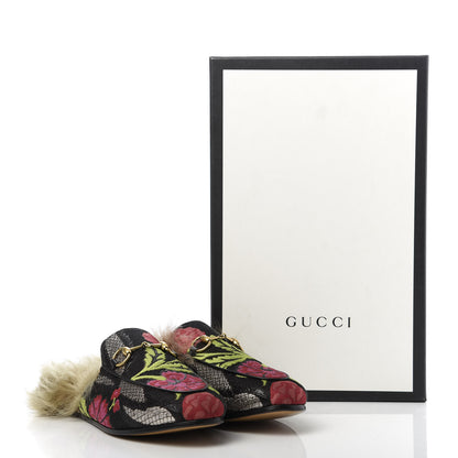 Gucci Brocade Fur Floral Womens Princetown Slippers 35 Black Anthracite 9 of 10