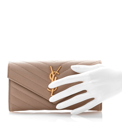 Saint Laurent Grain De Poudre Matelasse Chevron Monogram Flap Wallet Dark Beige 2 of 7