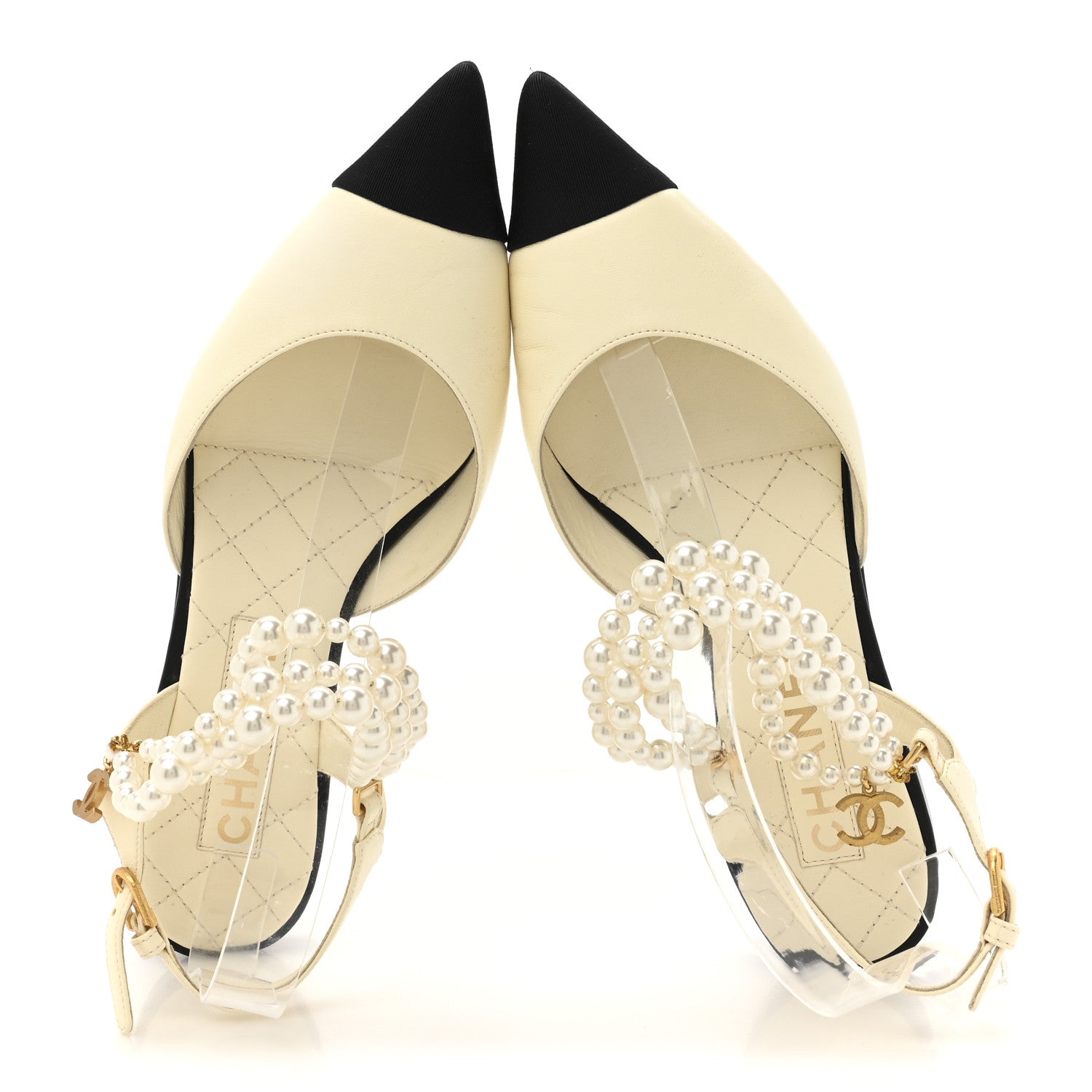 Chanel Lambskin Grosgrain Cap Toe Pearl Slingback 37 Ivory Black