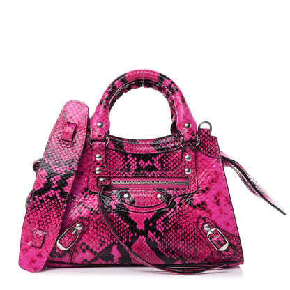 Balenciaga Calfskin Python Effect Neo Classic Silver Hardware Mini City Fuchsia Black 1 of 9