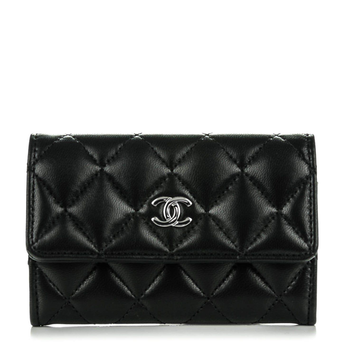 Lambskin Quilted Flap Card Holder Black
