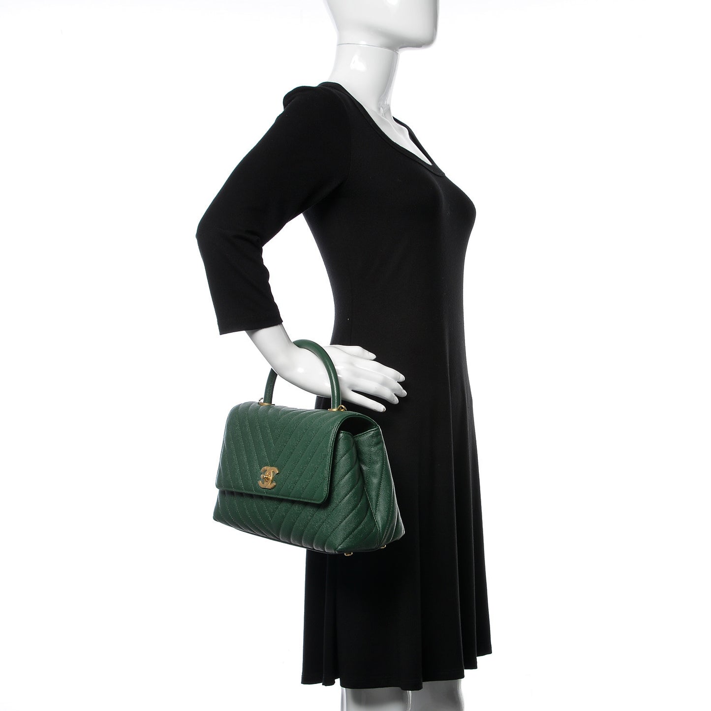 Caviar Chevron Chevron Quilted Small Coco Handle Flap Green