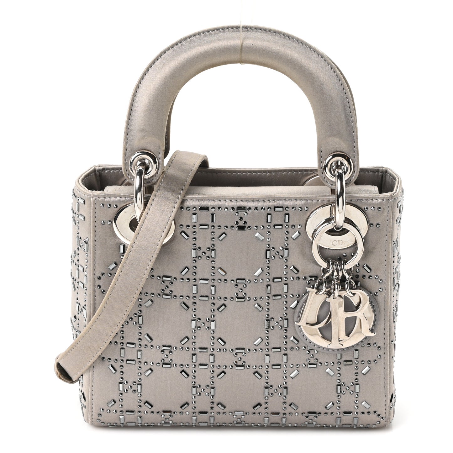 Satin Crystal Cannage Mini Lady Dior Gray